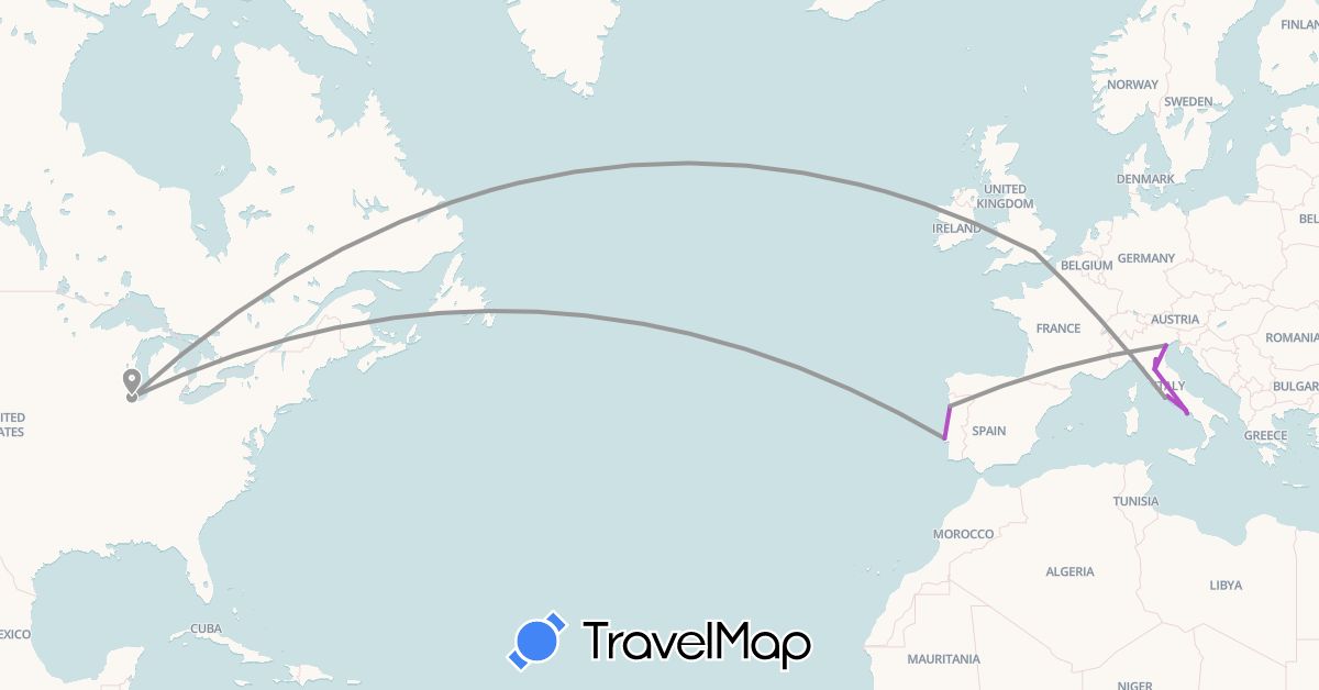 TravelMap itinerary: driving, plane, train in United Kingdom, Italy, Portugal, United States (Europe, North America)
